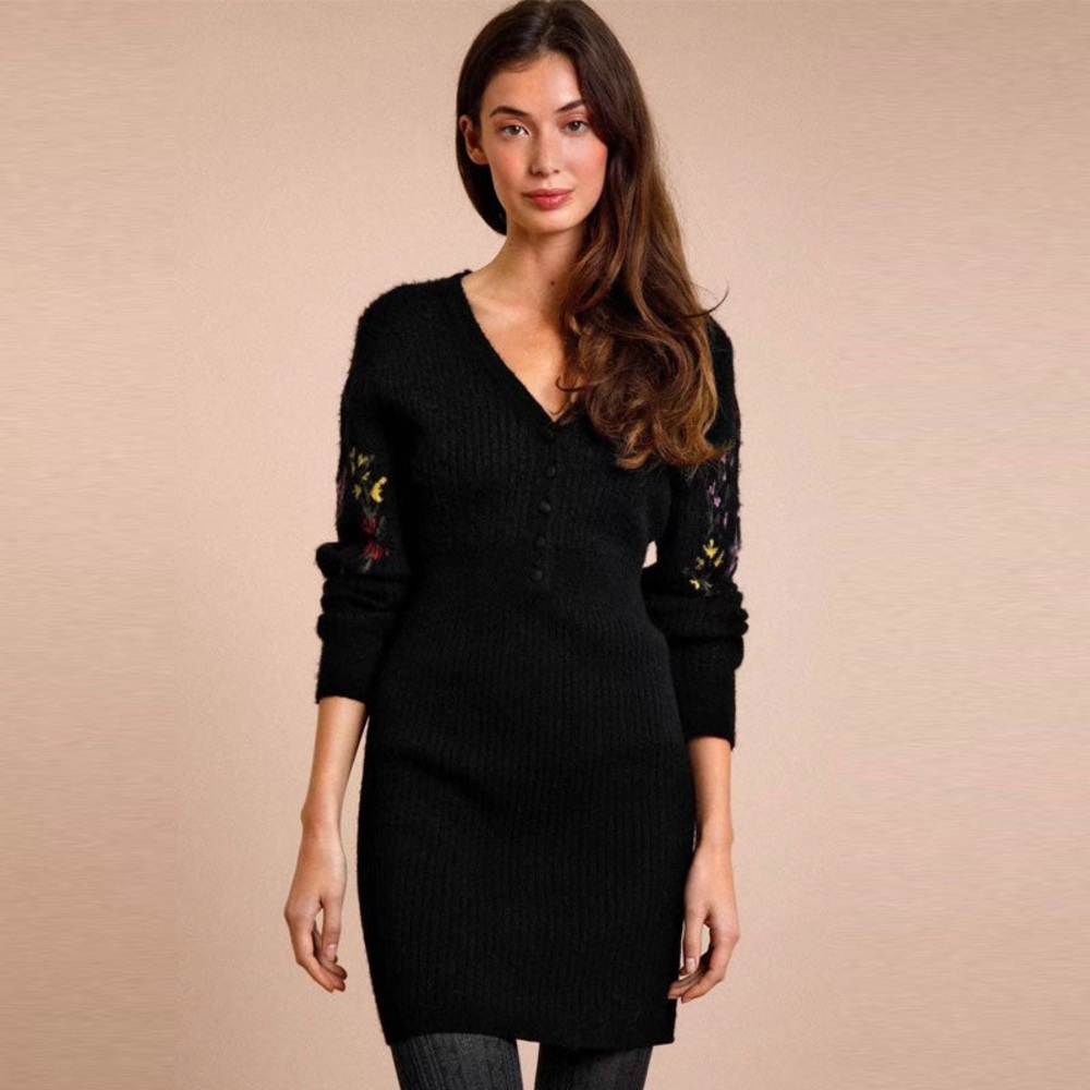 French 80% Wool Sweater Dress with Embroidery